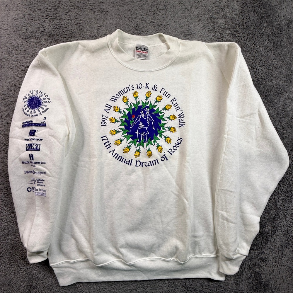 Oneita Sweatshirt Womens L White Excellent 1997 Dream of Roses 10K Fun Run 90s